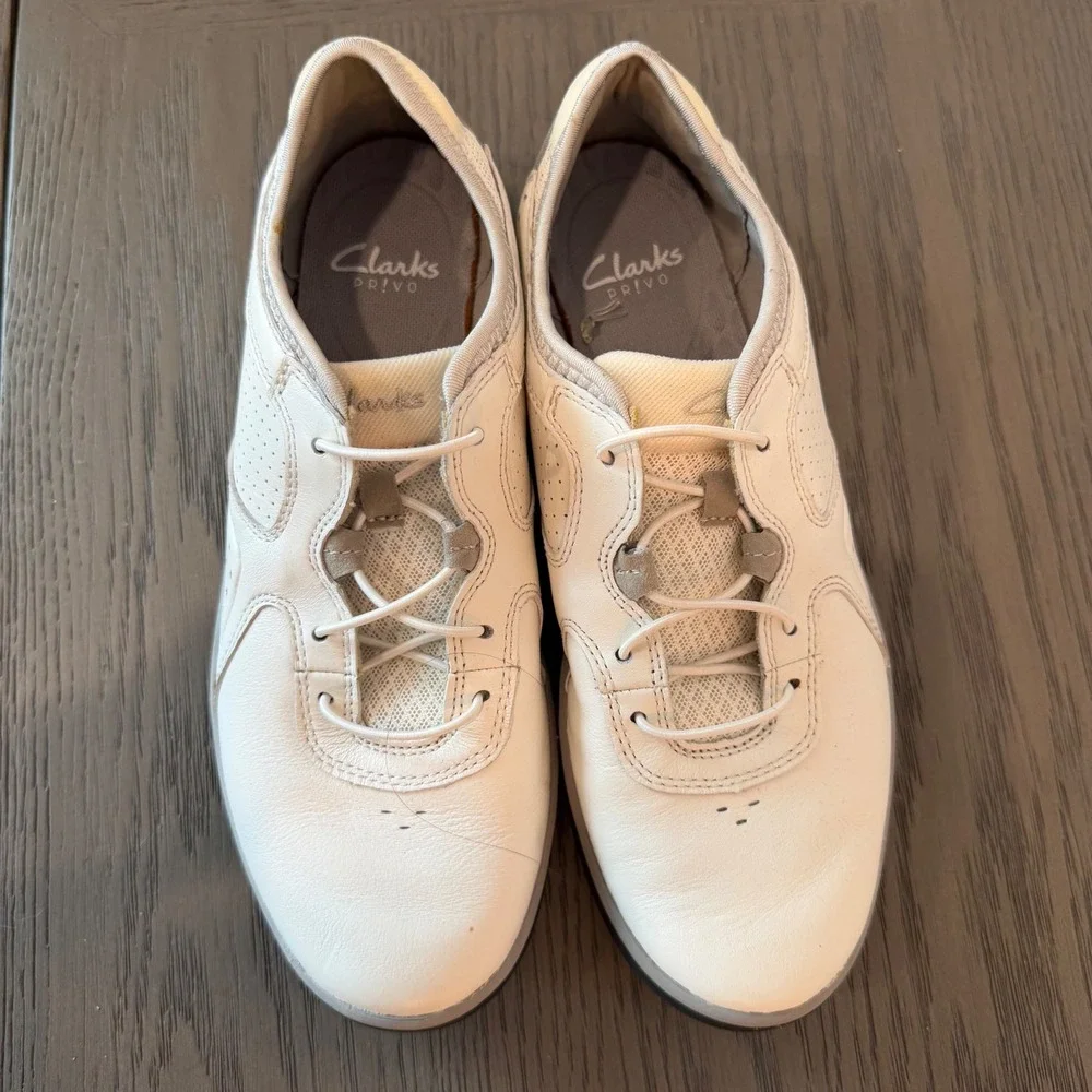 Clarks Privo‎ Sneakers White Leather Bungee Lace Walking Womens Sz 8 Comfortable